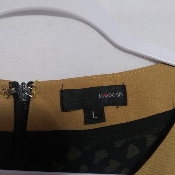 Lovposh Brown Black Geo Print Puff Sleeve Bow Tie Neck Size L - Picture 7 of 9